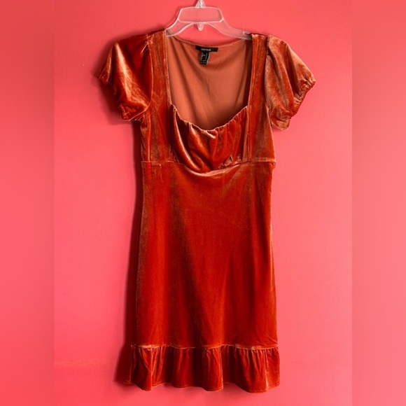 Orange Velvet Mini Dress Forever 21 Cute Trendy Outfit Comfortable Sweetheart - Picture 2 of 3